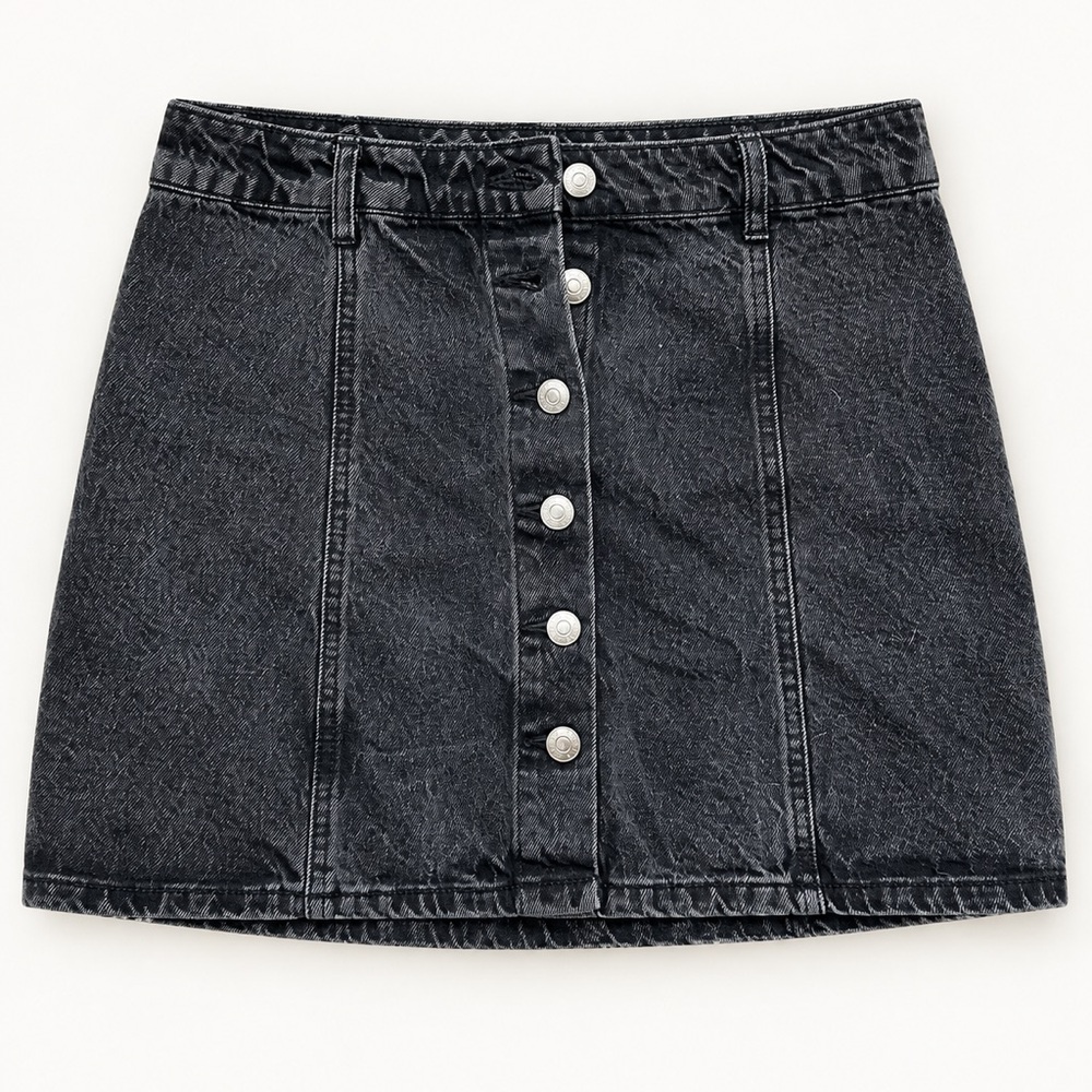 Black Washed Denim Mini Skirt High Waisted Button Front A-Line Jean Skirt